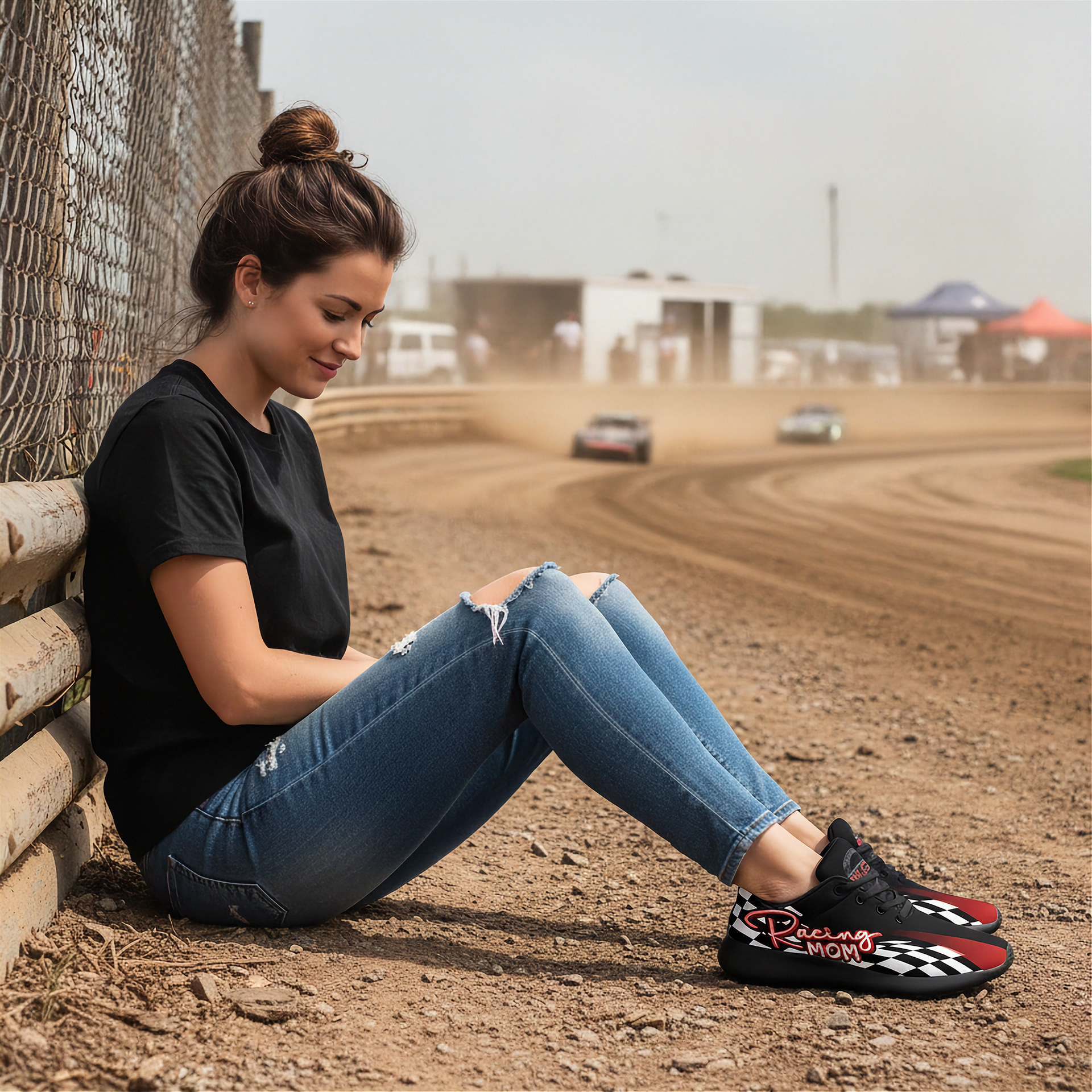 Woman sitting on a track wearing racing shoes with a checkered pattern