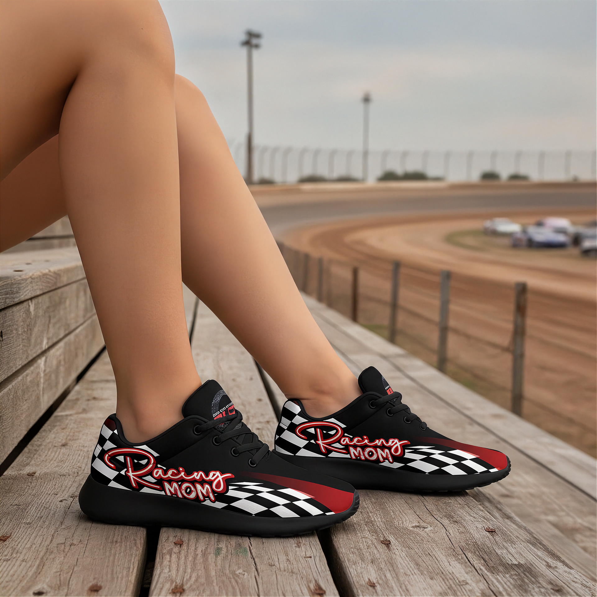 Black and red sneakers with 'Racing Mom' text on a wooden platform with a race track background.