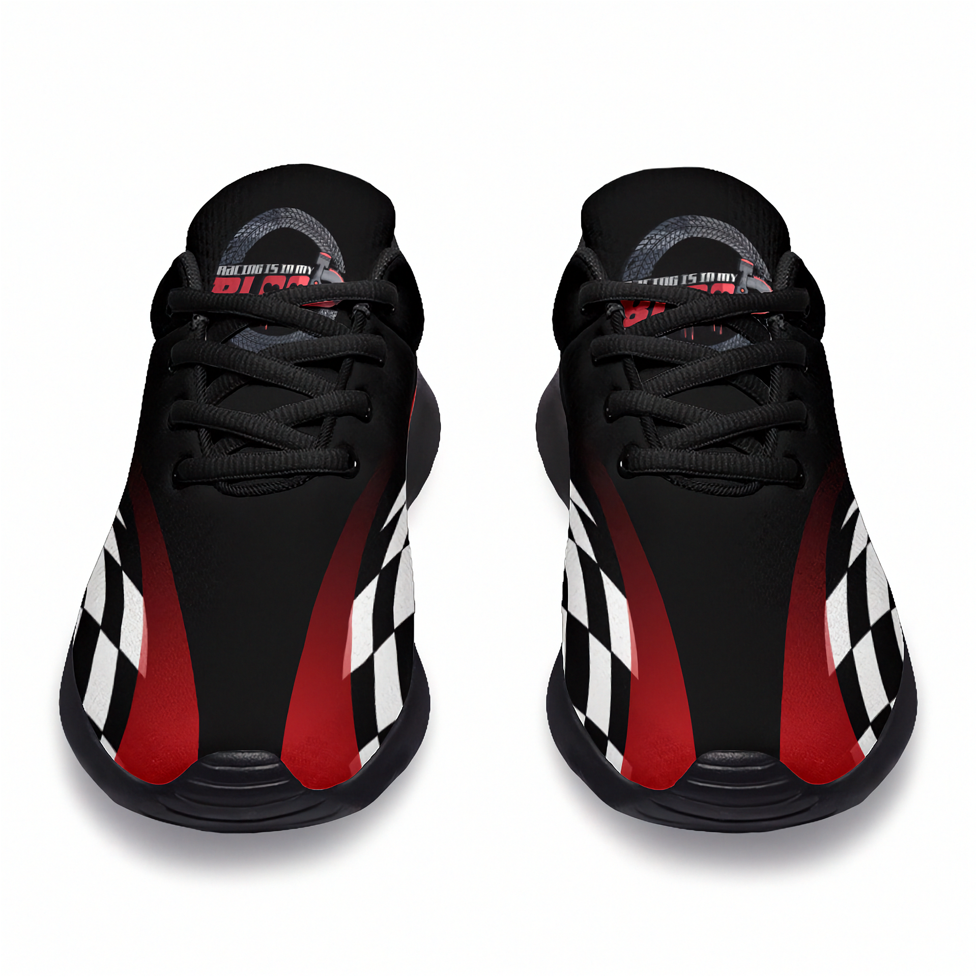 Black sneakers with red and white checkered pattern on a white background