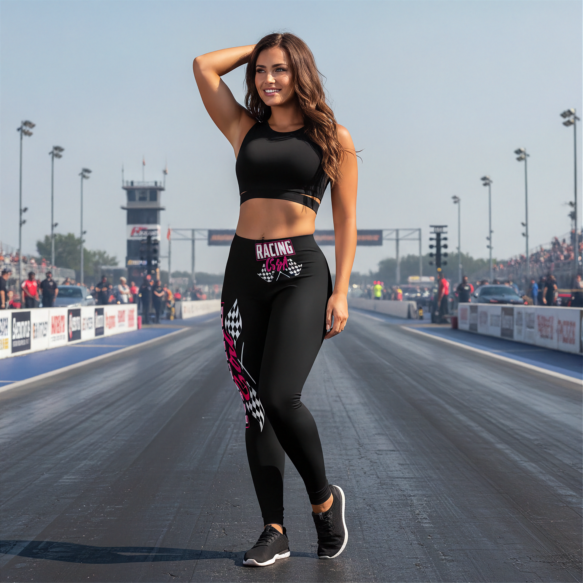 Woman in racing gear standing on a race track with spectators and cars in the background