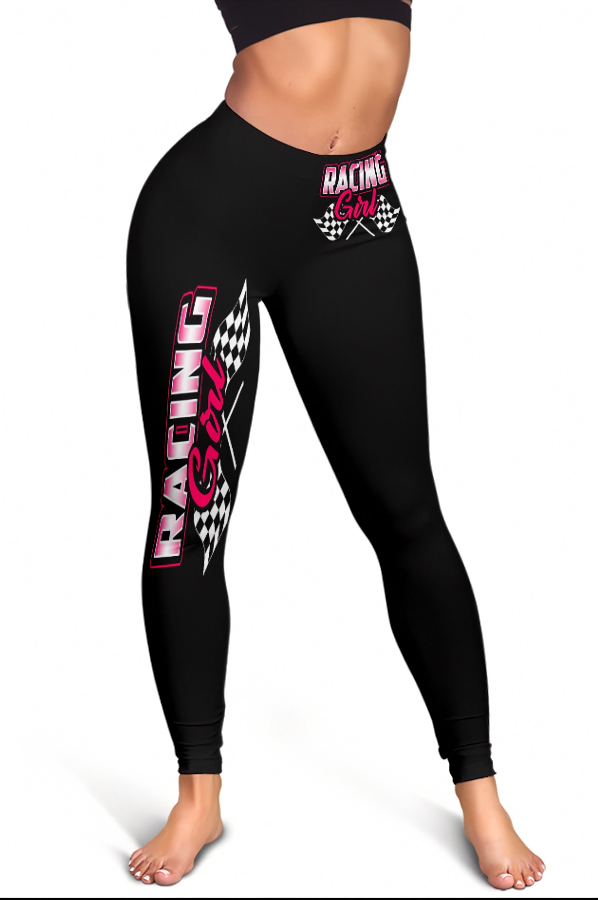 Black leggings with pink and white 'Racing' text and checkered flag design on a white background