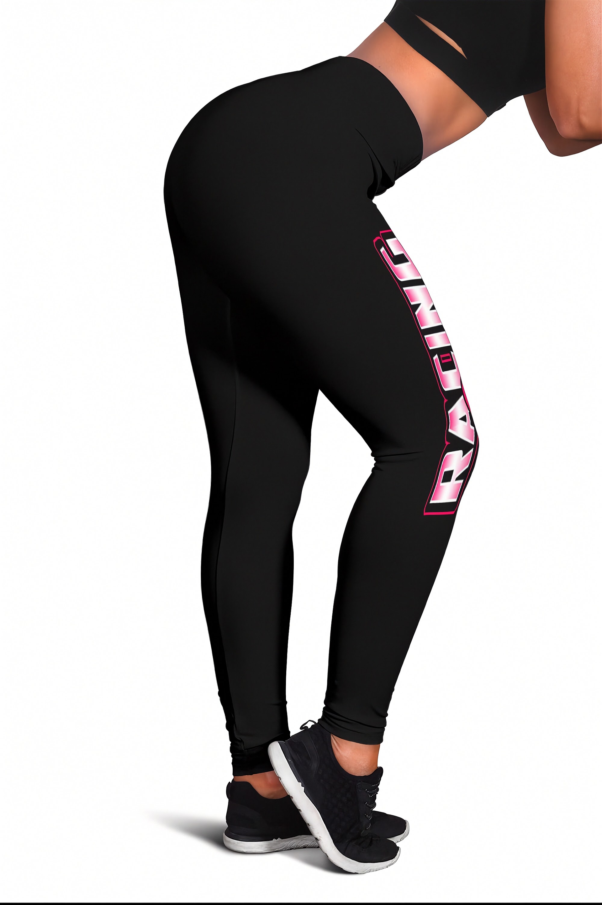Black leggings with pink text on a white background