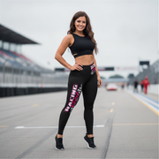 Woman in black athletic wear with pink text standing on a race track.