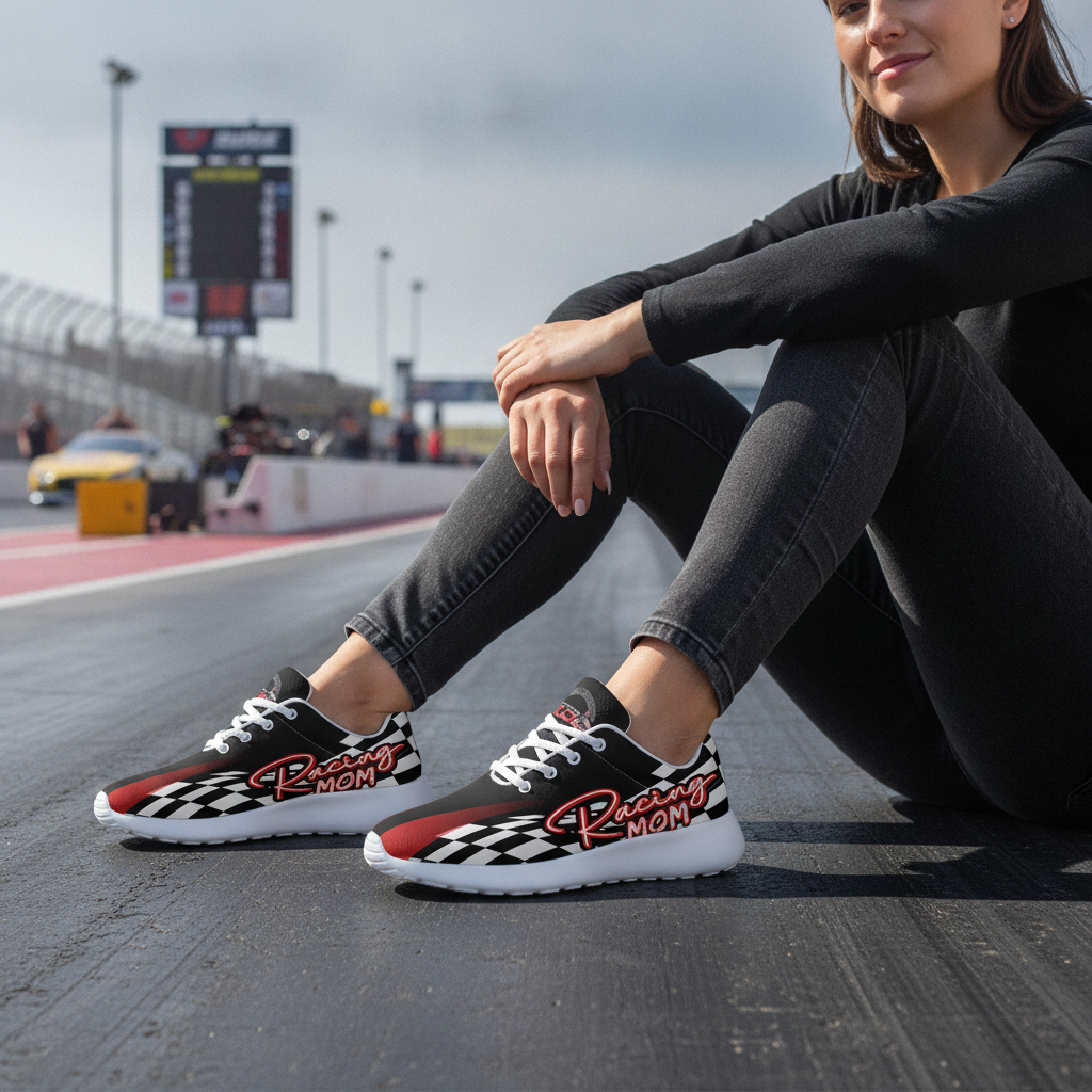 Woman wearing checkered racing shoes with 'Racing Mom' text on a race track.