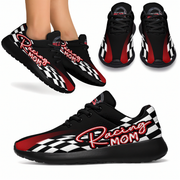 Black and red sneakers with 'Racing Mom' text on a white background
