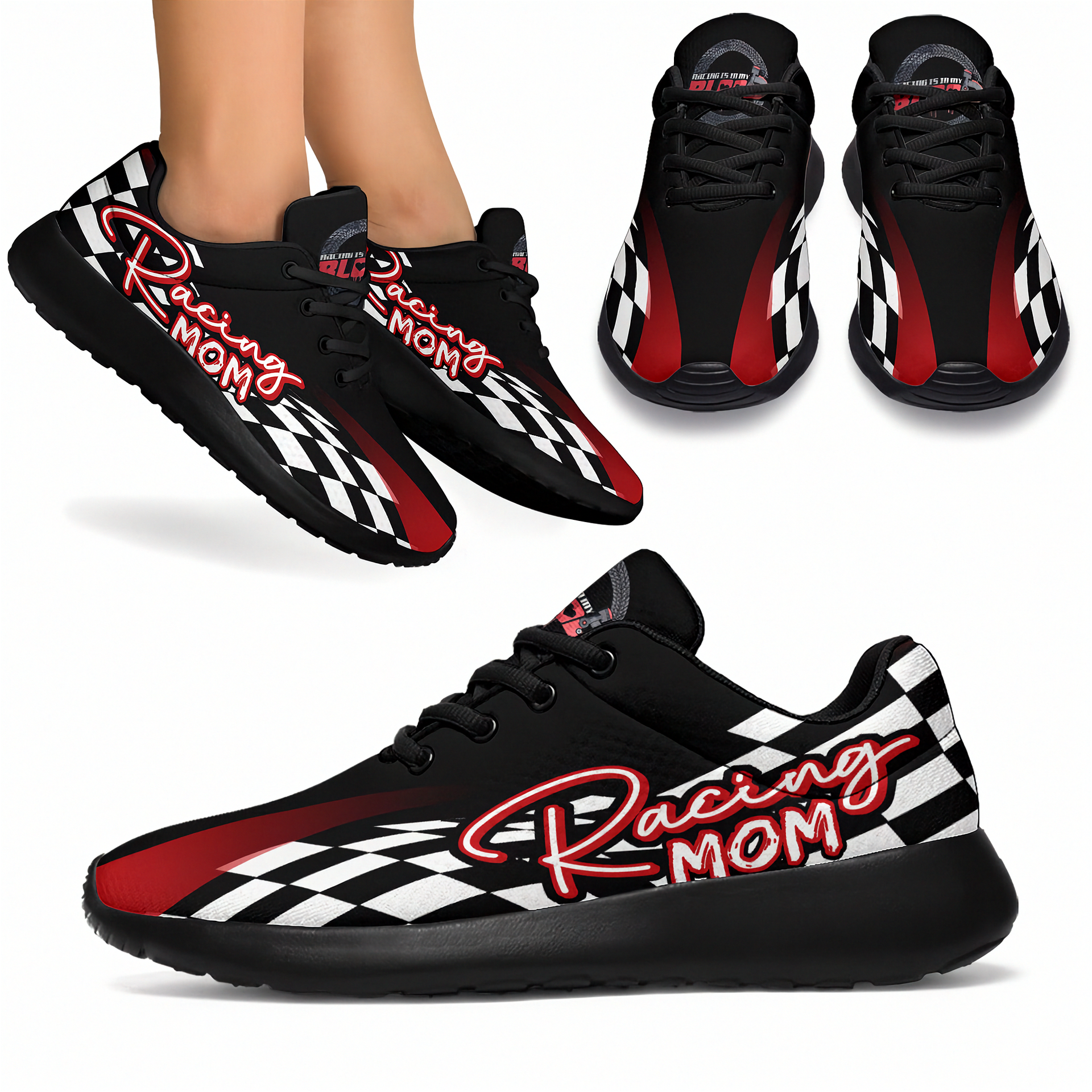 Black and red sneakers with 'Racing Mom' text on a white background