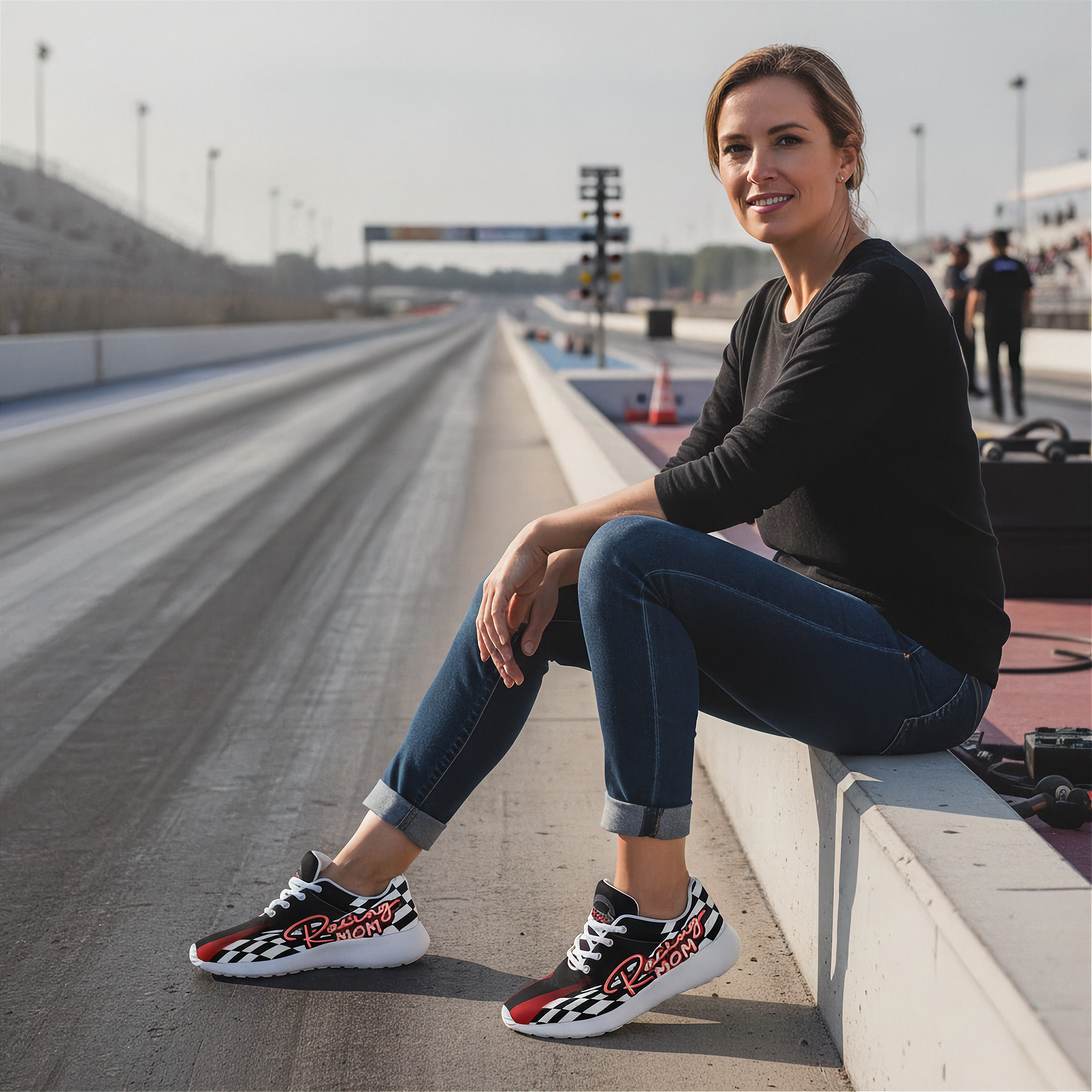 Woman sitting on a race track wearing black sneakers with red and white designs.