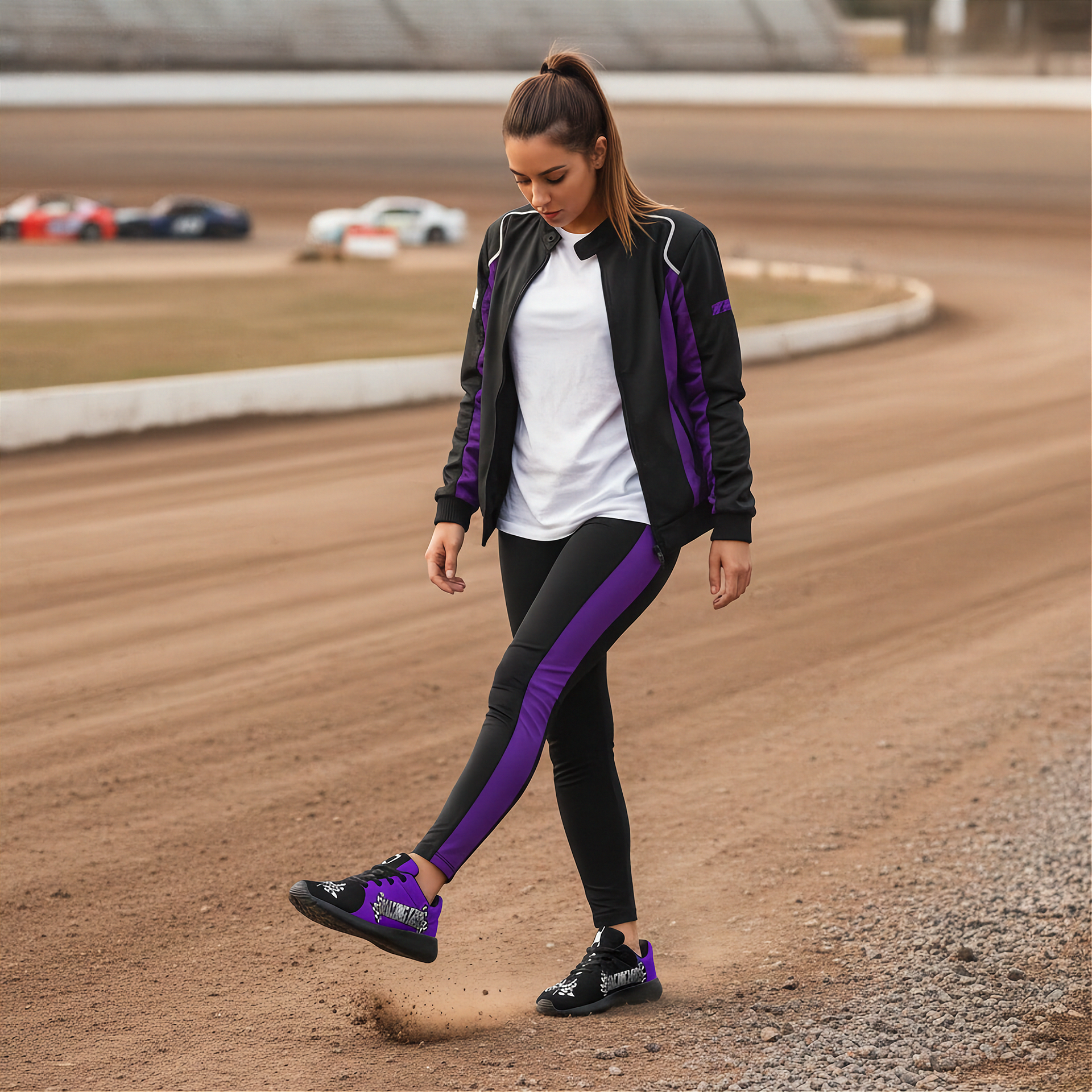 Woman walking on a dirt track wearing a black and purple outfit with a white shirt and a racing girl purple shoes