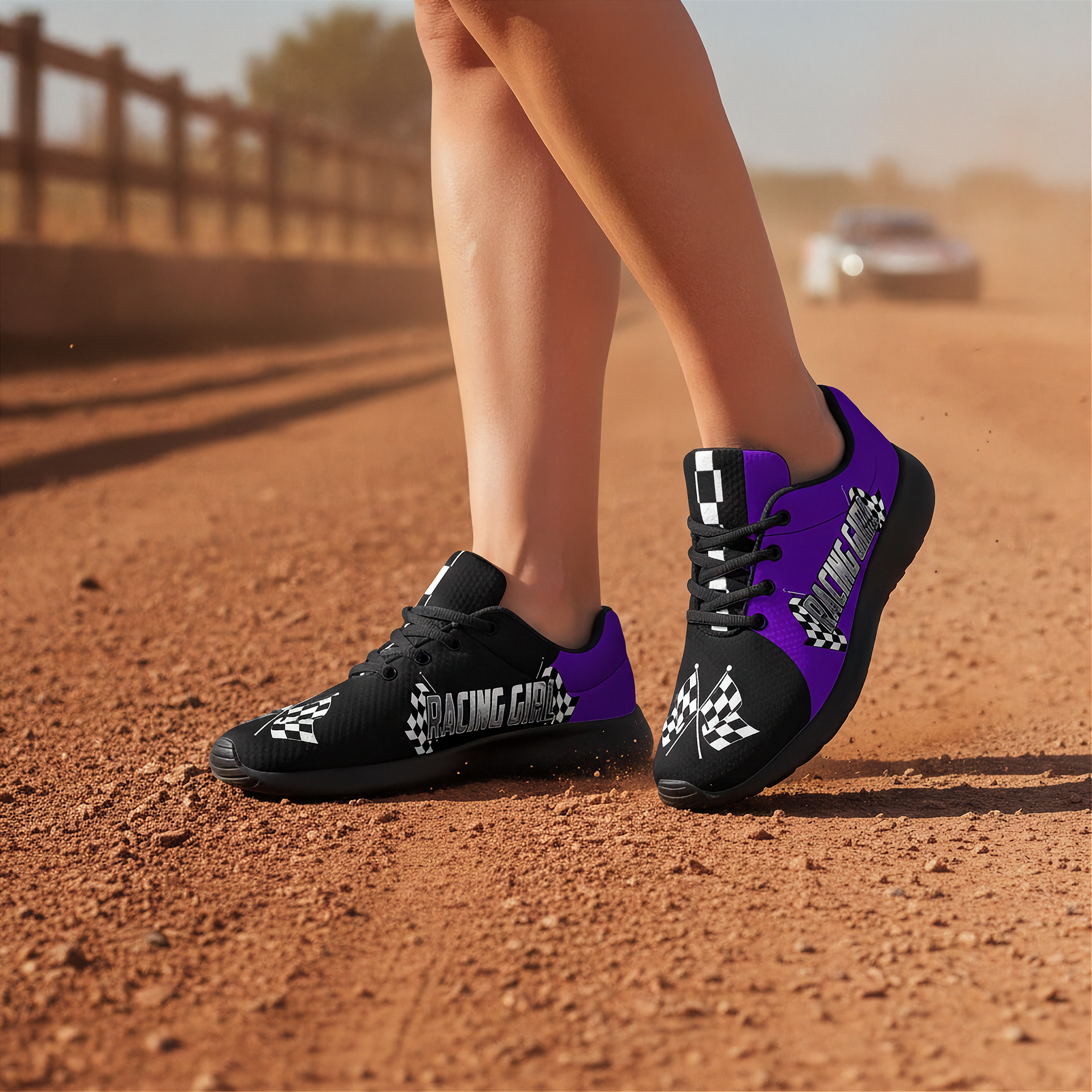 Woman wearing black and purple sneakers with checkered patterns on a dirt track.