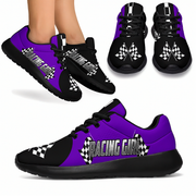 Purple and black sneakers with 'Racing Girl' text and checkered design on a white background.