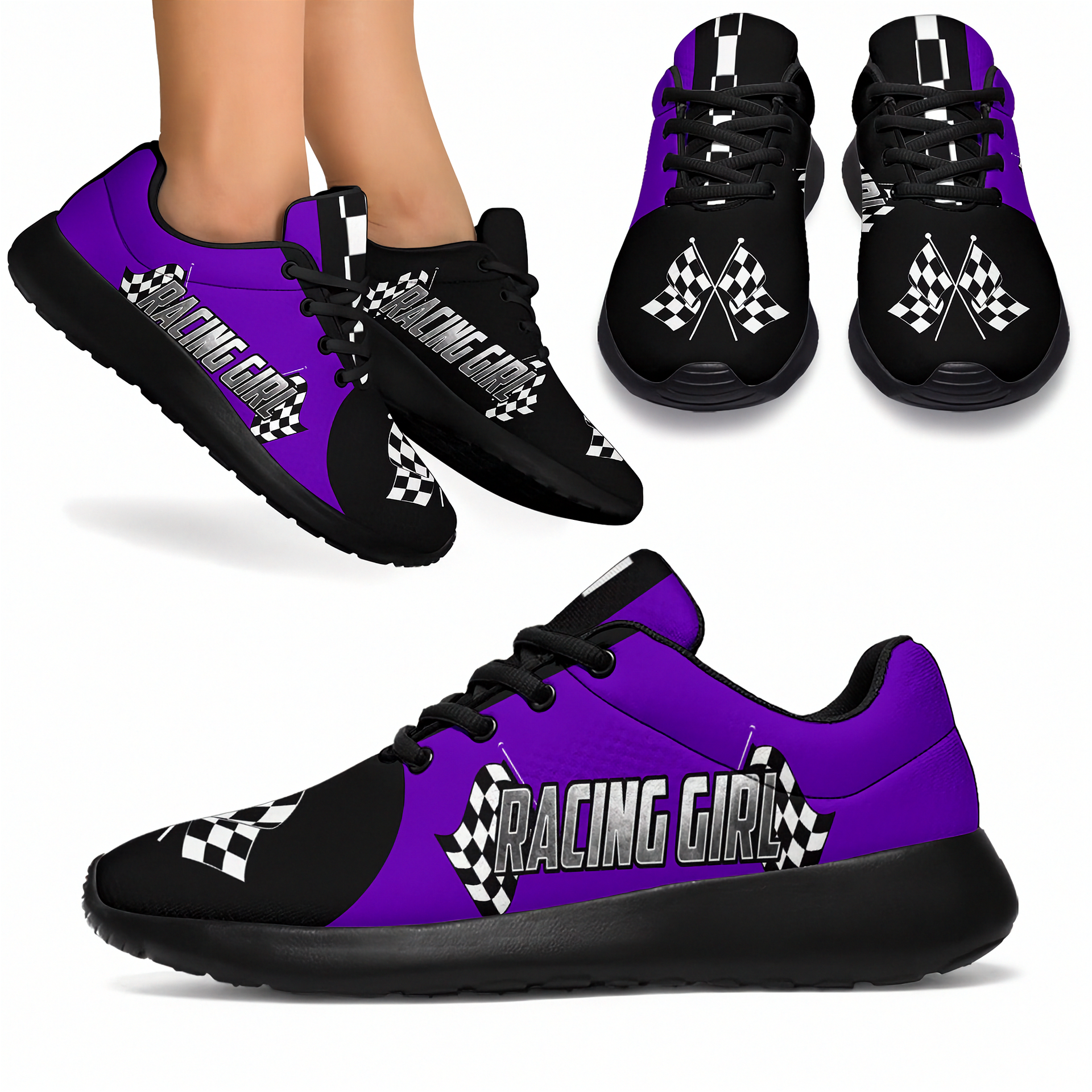 Purple and black sneakers with 'Racing Girl' text and checkered design on a white background.