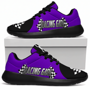 Purple and black sneakers with 'Racing Girl' text on a white background