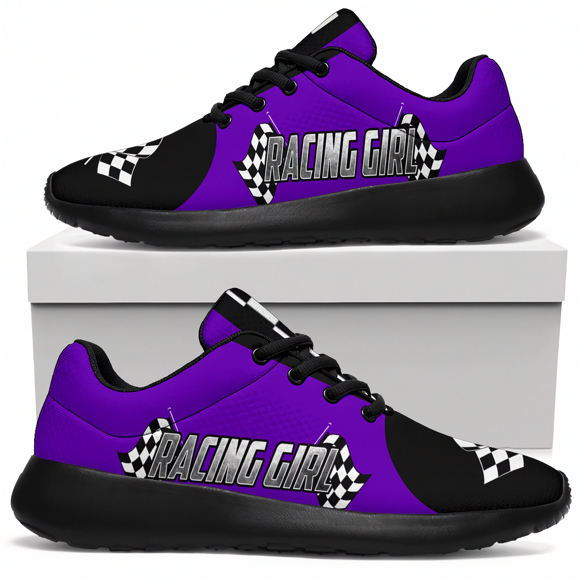 Purple and black sneakers with 'Racing Girl' text on a white background