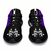 Black sneakers with purple accents and checkered flag design on a white background