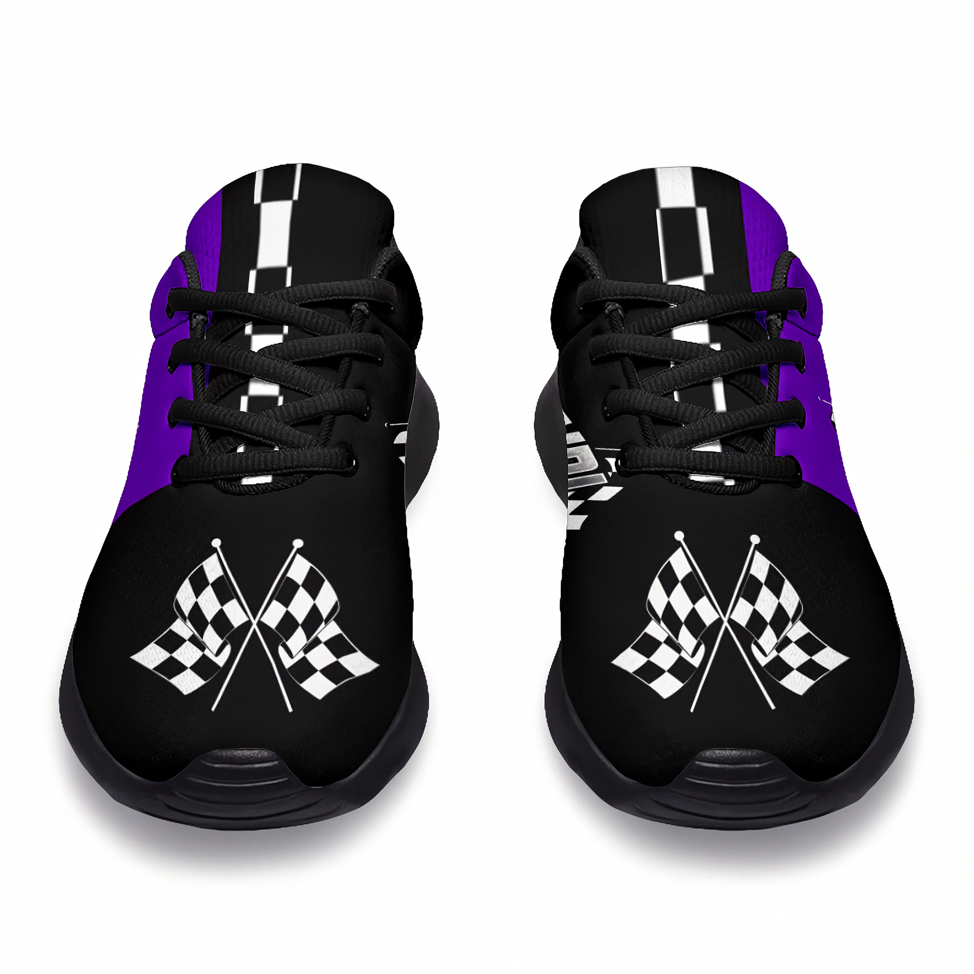 Black sneakers with purple accents and checkered flag design on a white background