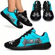 Black and blue sneakers with 'Racing Girl' text and checkered patterns on a white background.