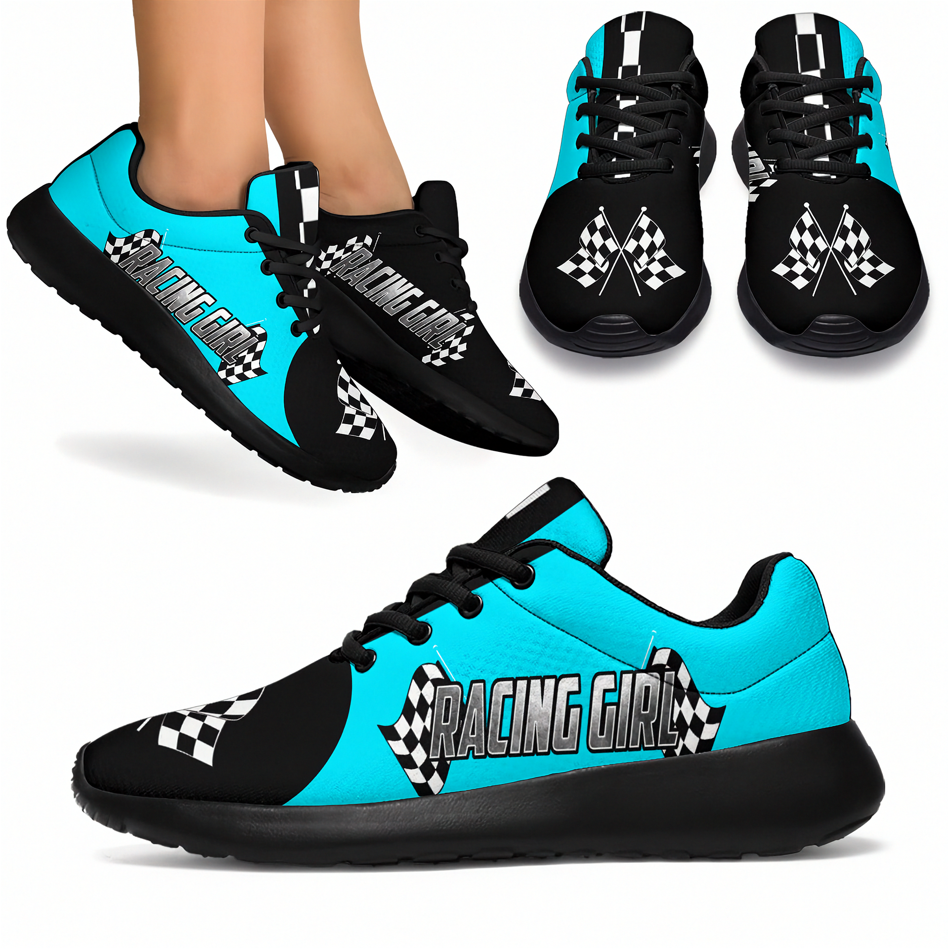Black and blue sneakers with 'Racing Girl' text and checkered patterns on a white background.