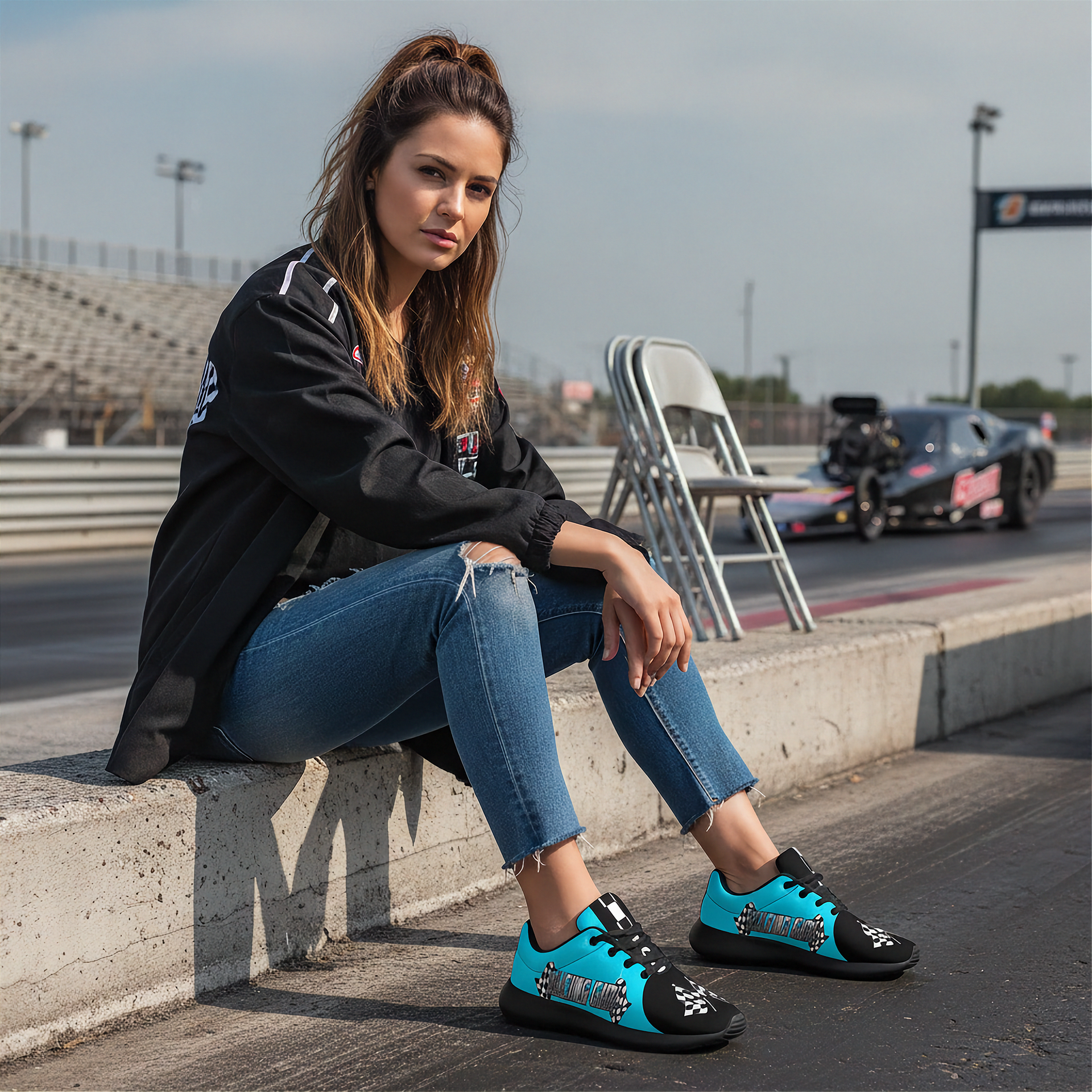 Woman sitting on a track wearing black and blue shoes with a car in the background