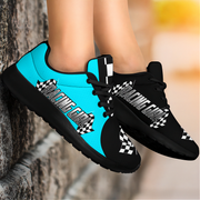 Black and blue sneakers with 'Racing Girl' text on a blurred background