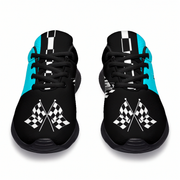 Black and blue sneakers with checkered flag design on a white background