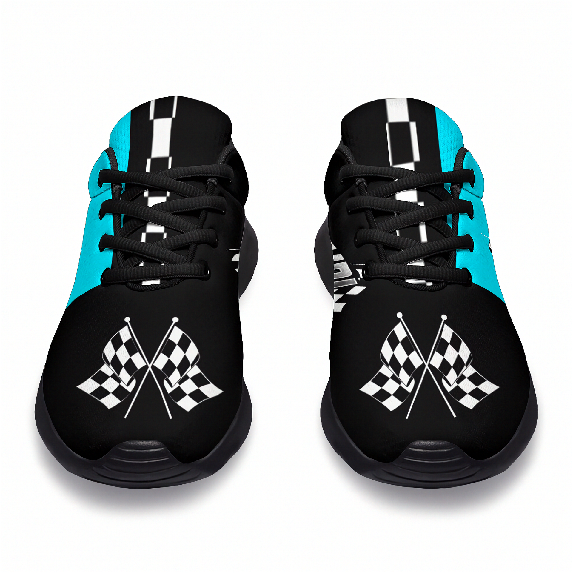 Black and blue sneakers with checkered flag design on a white background