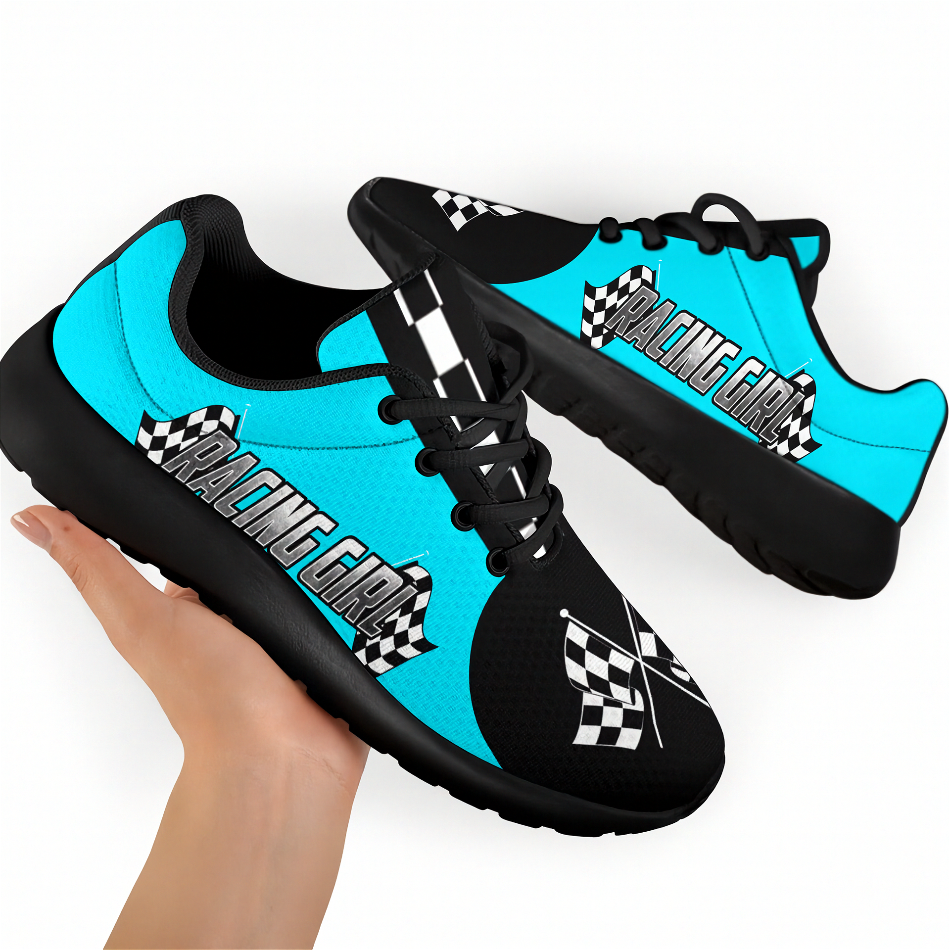 Blue and black sneakers with 'Racing Girl' text on a white background