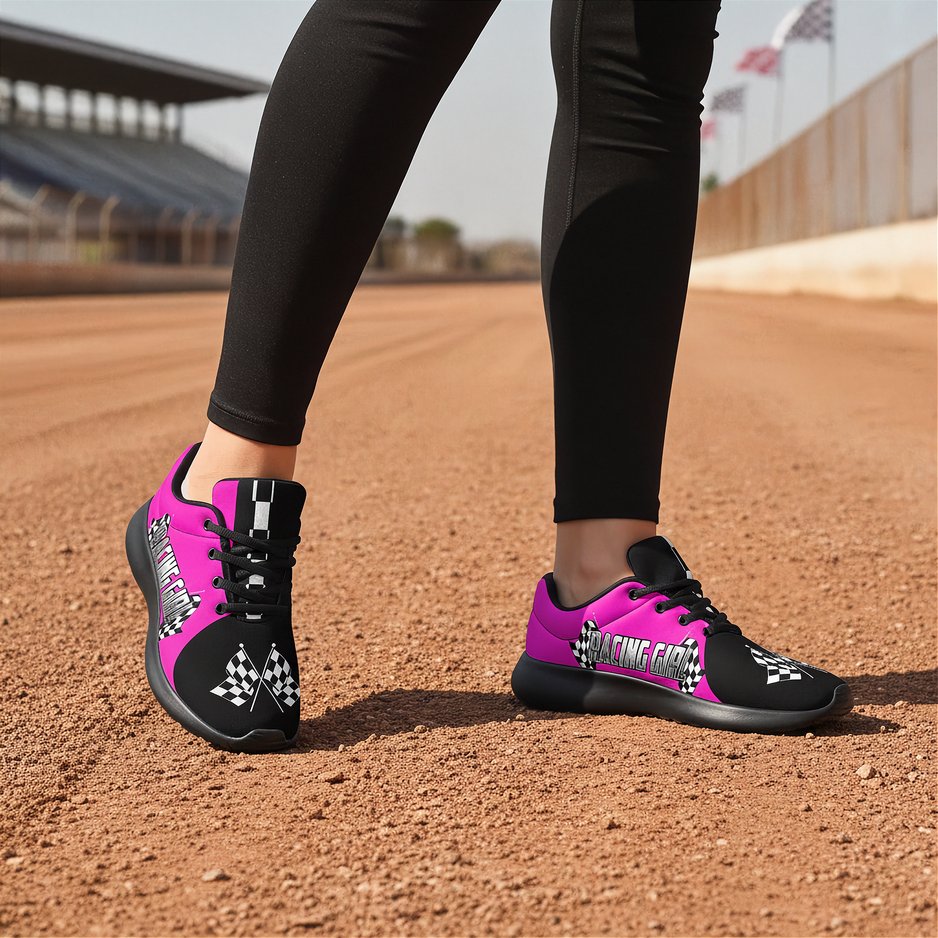 Woman wearing black and pink athletic shoes on a dirt track