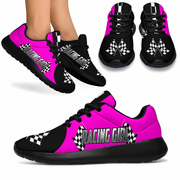 Pink and black sneakers with 'Racing Girl' text and checkered patterns on a white background.