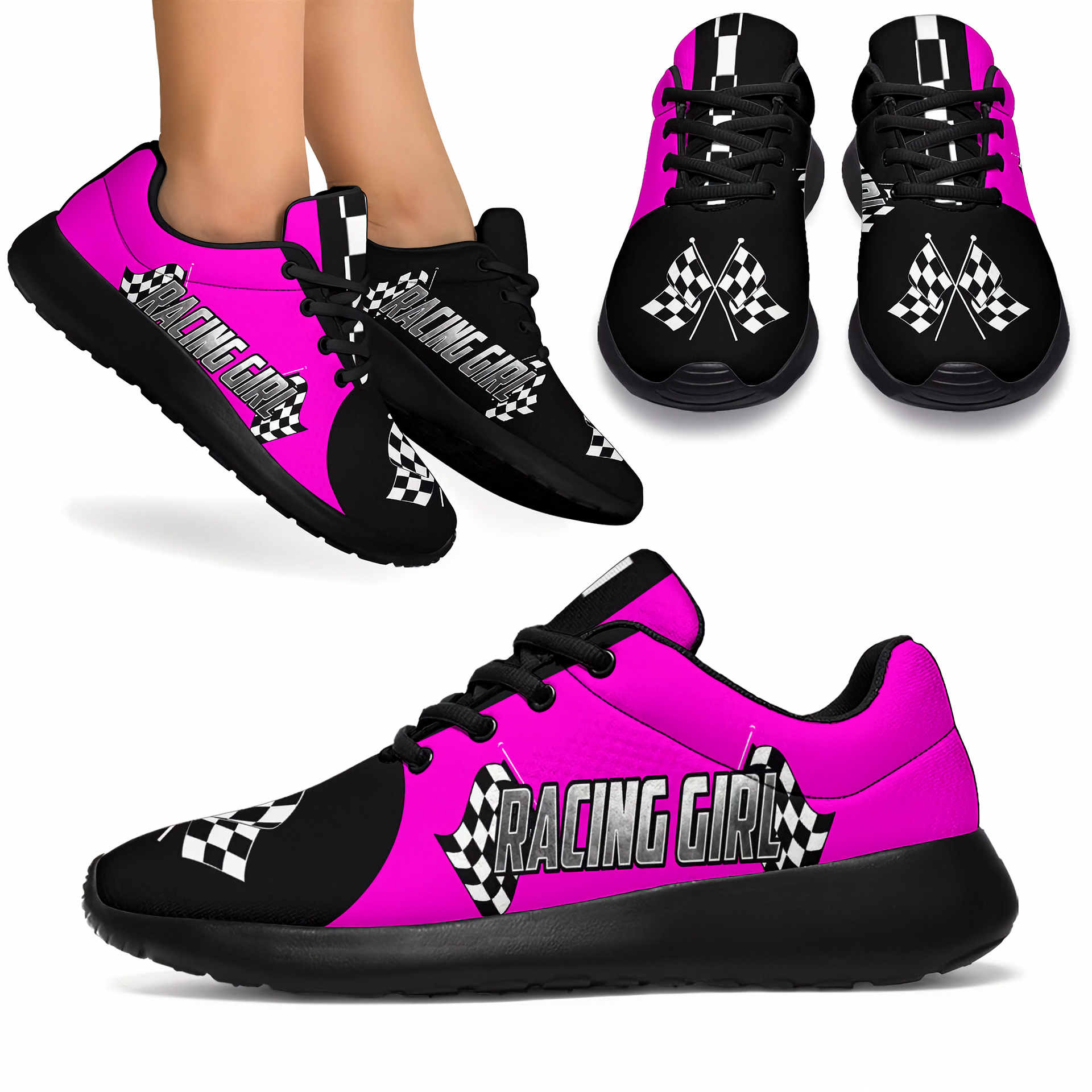 Pink and black sneakers with 'Racing Girl' text and checkered patterns on a white background.