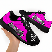 Pink and black sneakers with 'Racing Girl' text and checkered patterns on a white background.