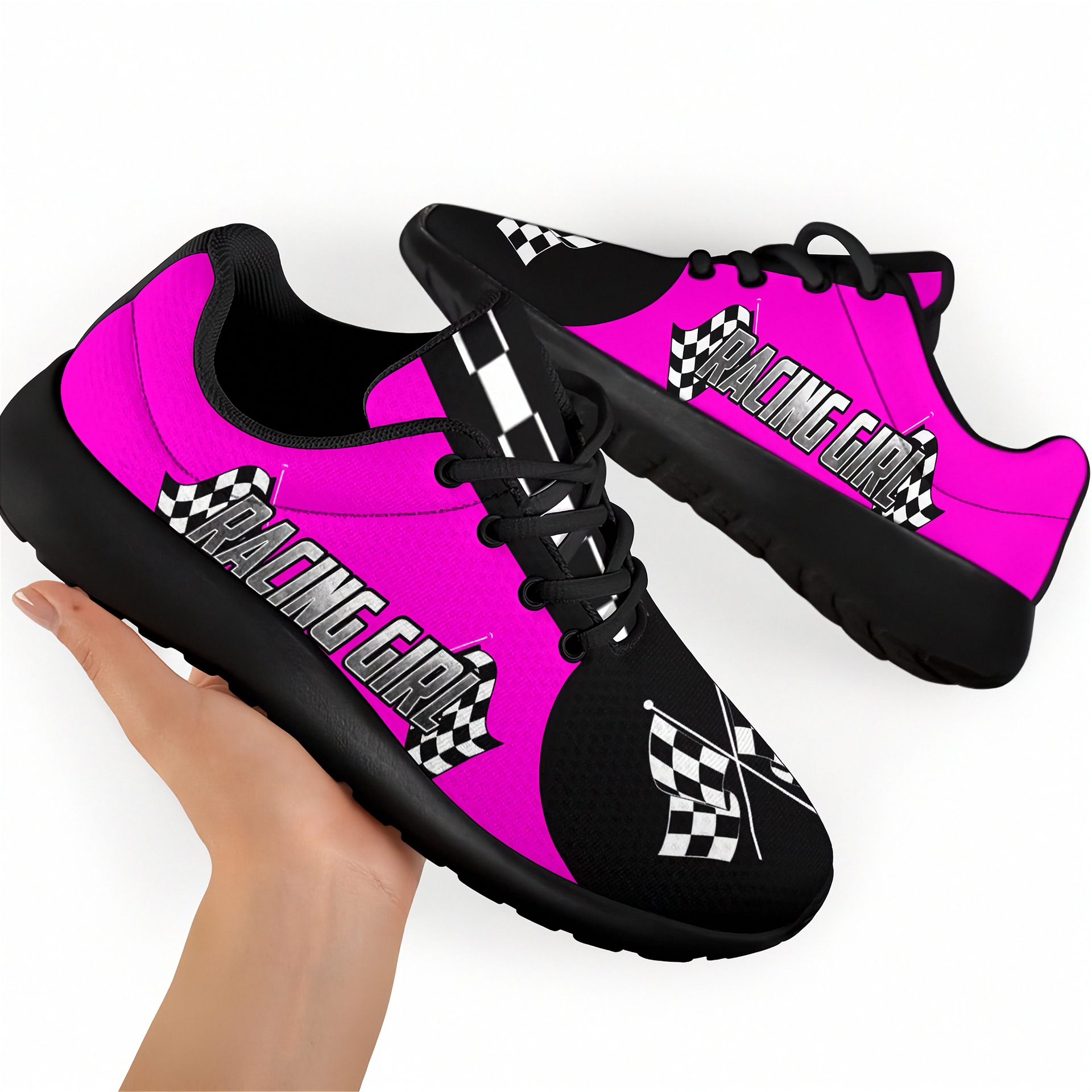 Pink and black sneakers with 'Racing Girl' text and checkered patterns on a white background.