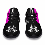 Black sneakers with pink sides and checkered flag design on a white background