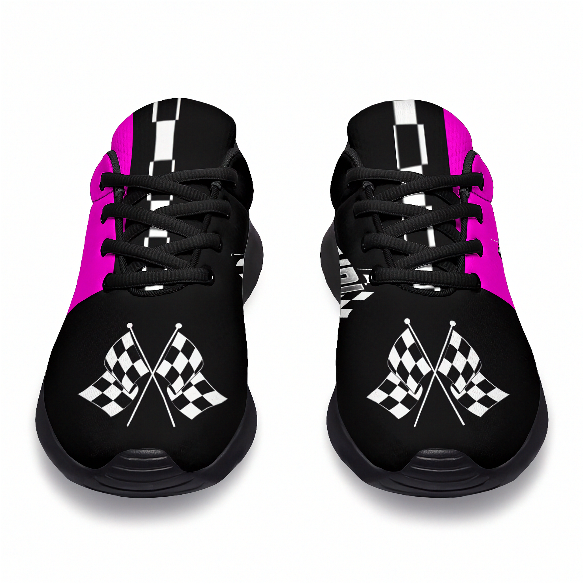 Black sneakers with pink sides and checkered flag design on a white background