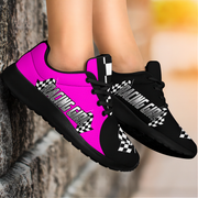 Black and pink sneakers with 'Racing Girl' text on a blurred background