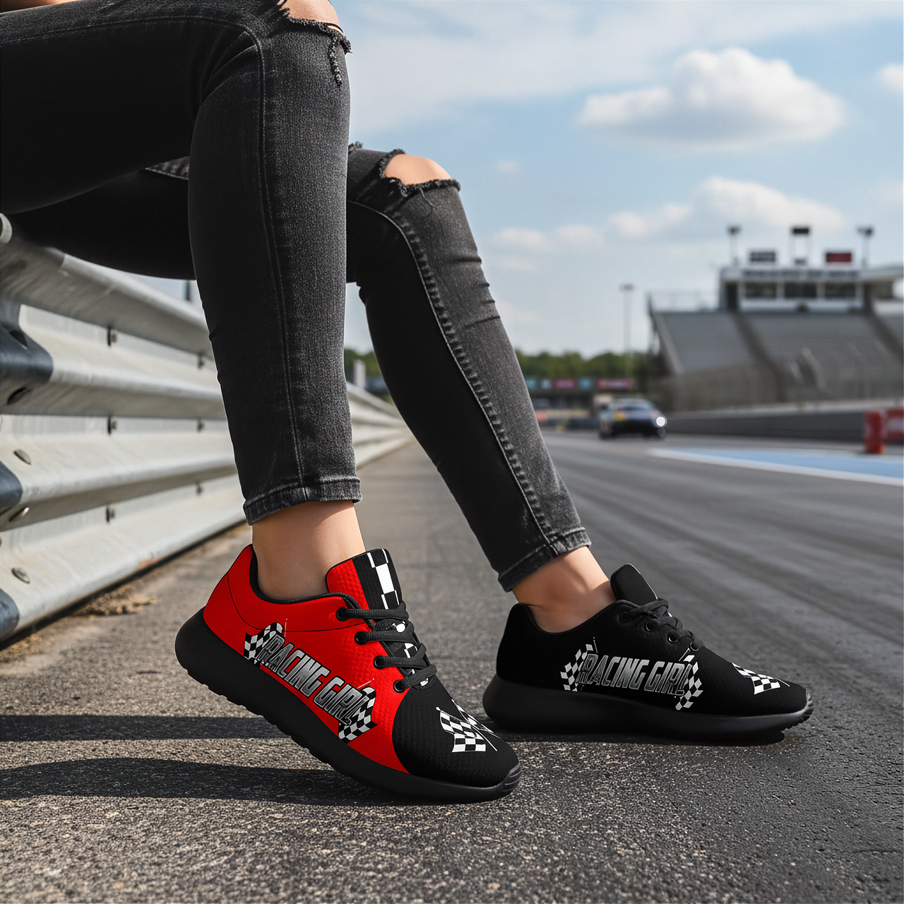 woman at a drag track wearing a racing girl sneakers in red and black