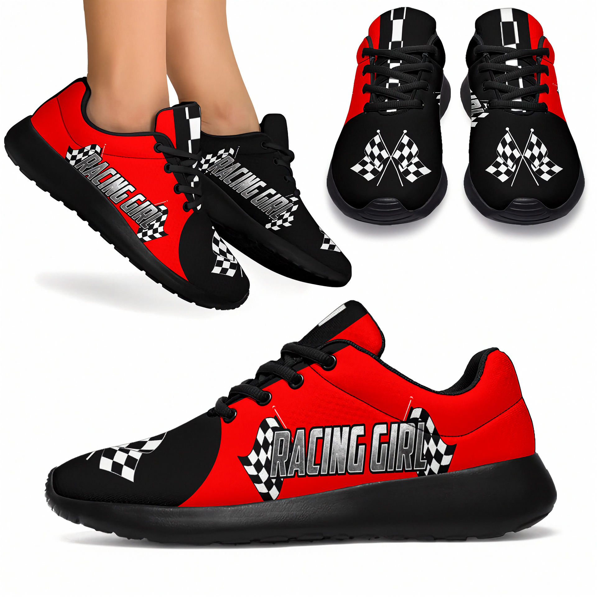 woman wearing a racing girl sneakers in red and black with a white background