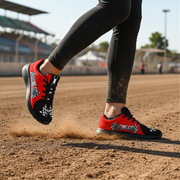 woman at a dirt track wearing a red and white racing girl sneakers