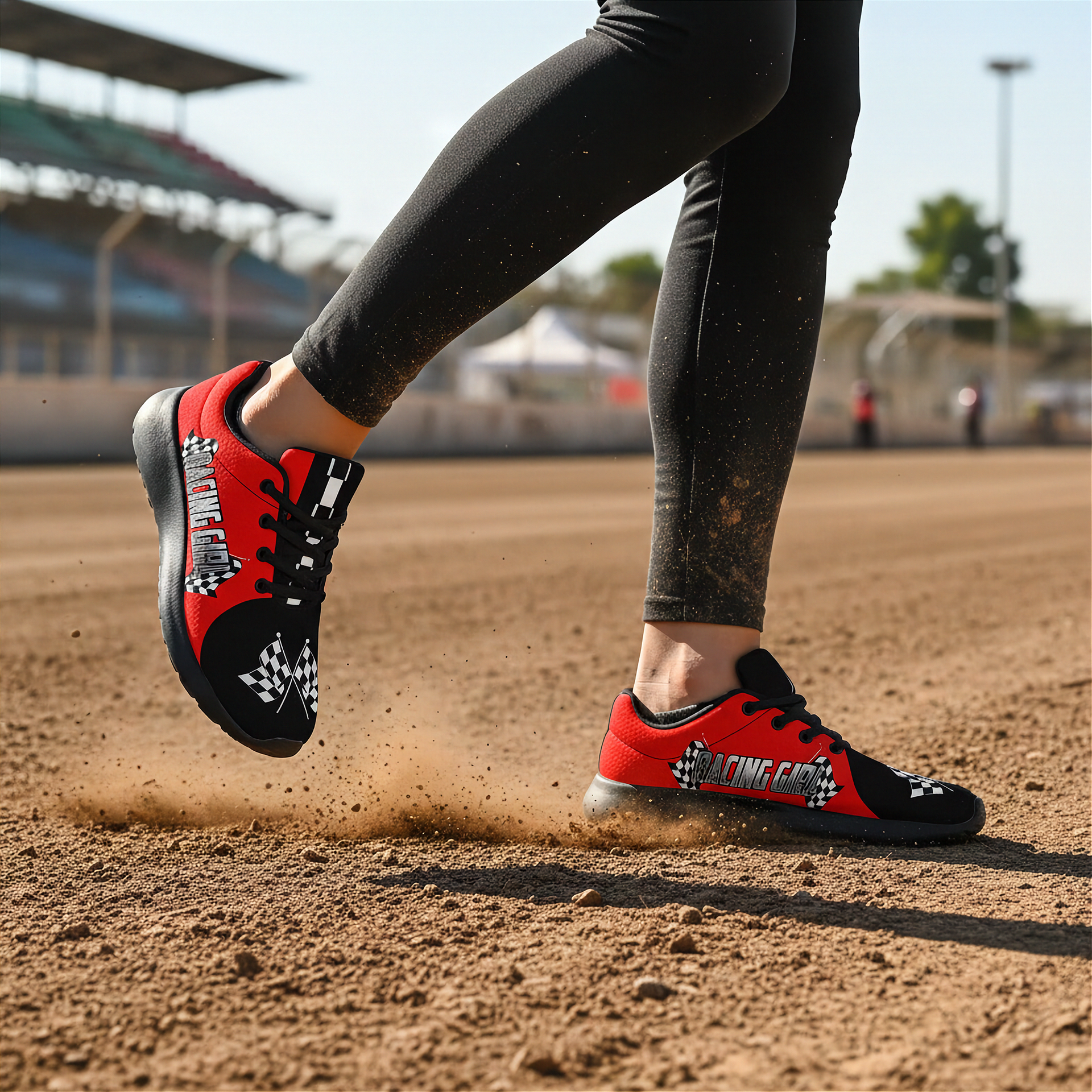 woman at a dirt track wearing a red and white racing girl sneakers