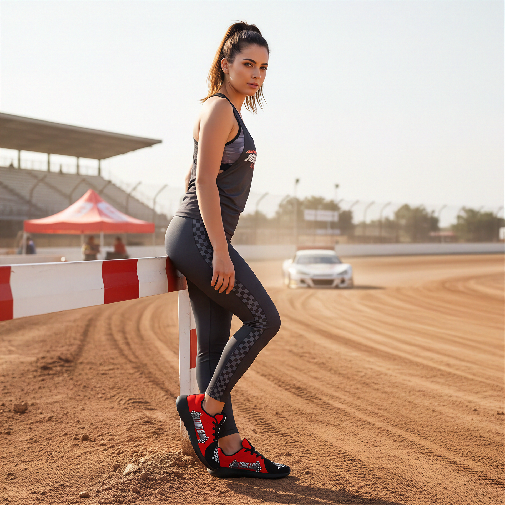 woman at a dirt track with cars on her side wearing a racing girl sneakers in red and black