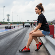 woman at a drag track wearing a racing girl sneakers in red and black