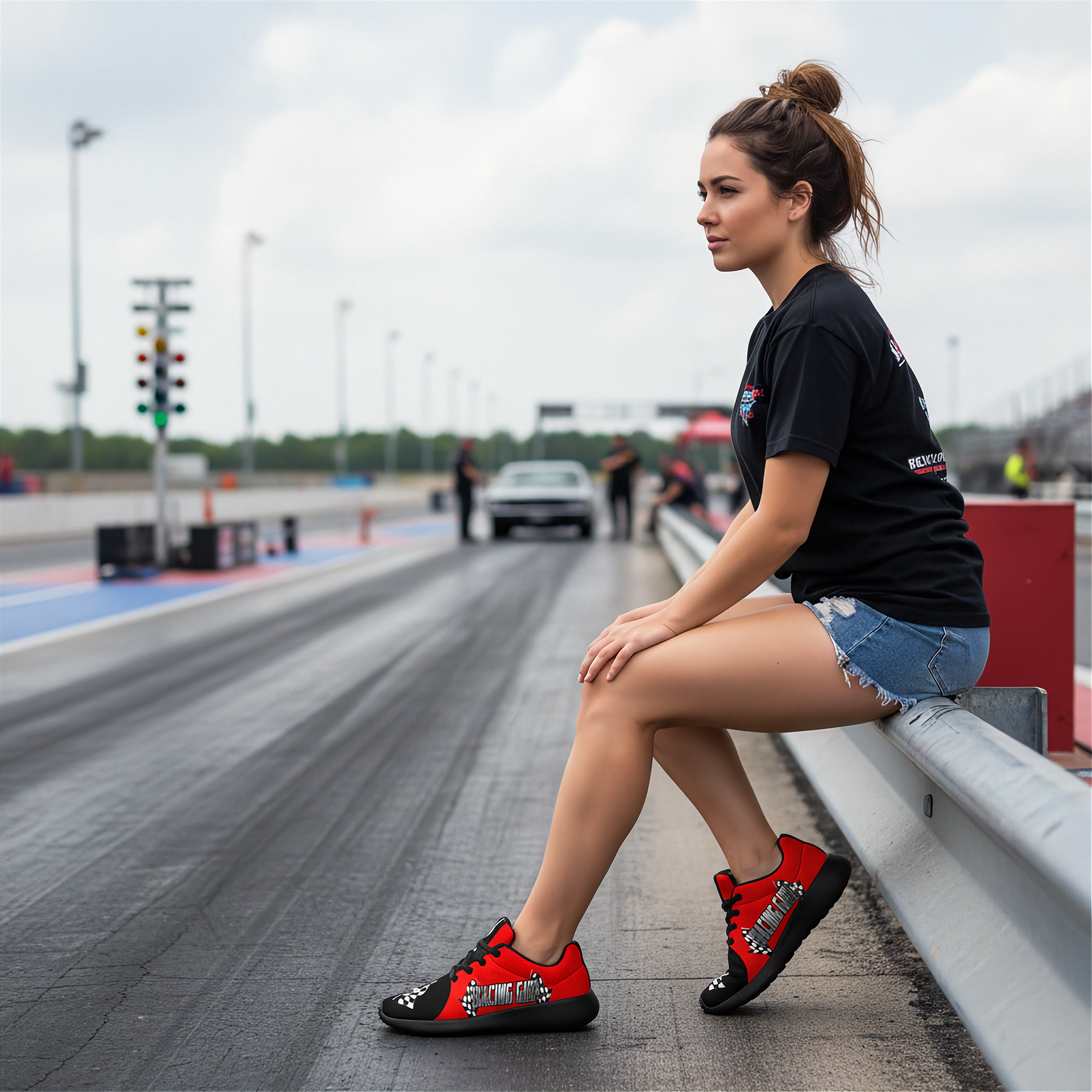 woman at a drag track wearing a racing girl sneakers in red and black