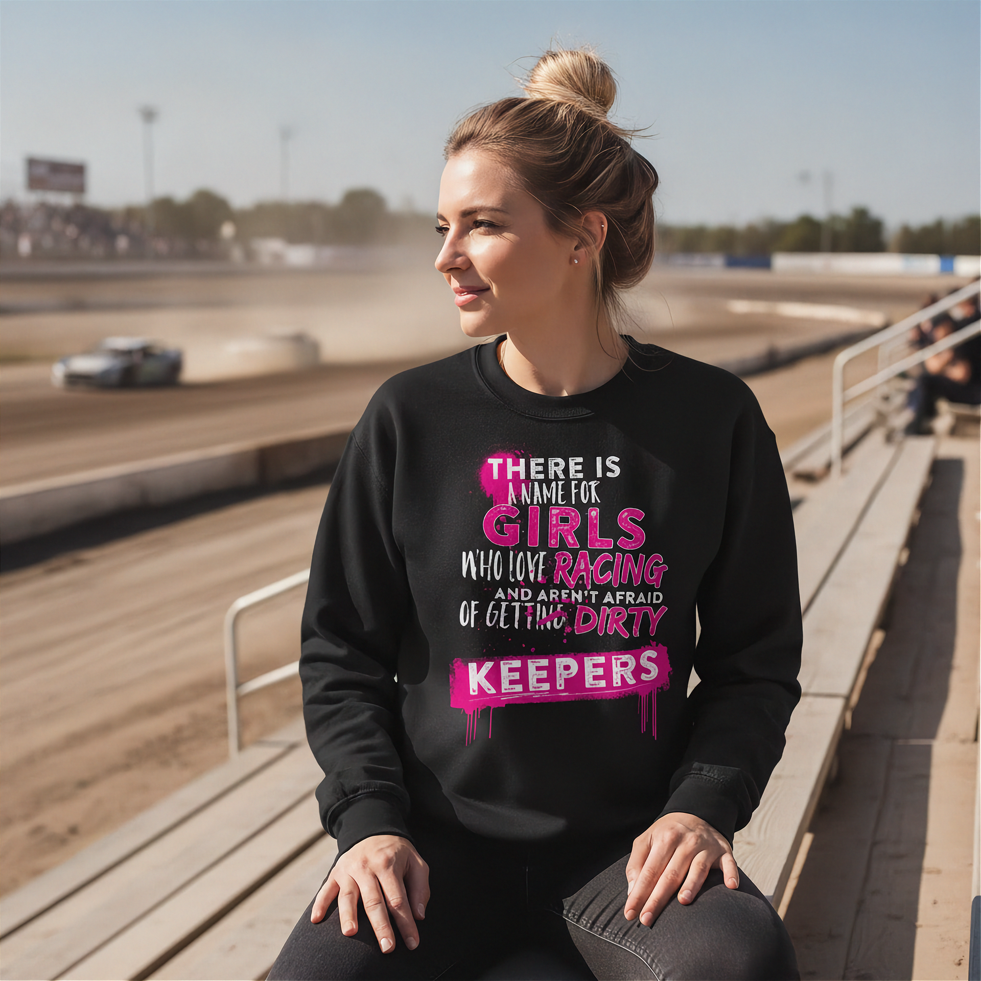 Woman wearing a black sweatshirt with colorful text at a race track.