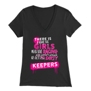Black V-neck t-shirt with pink and white text on a white background