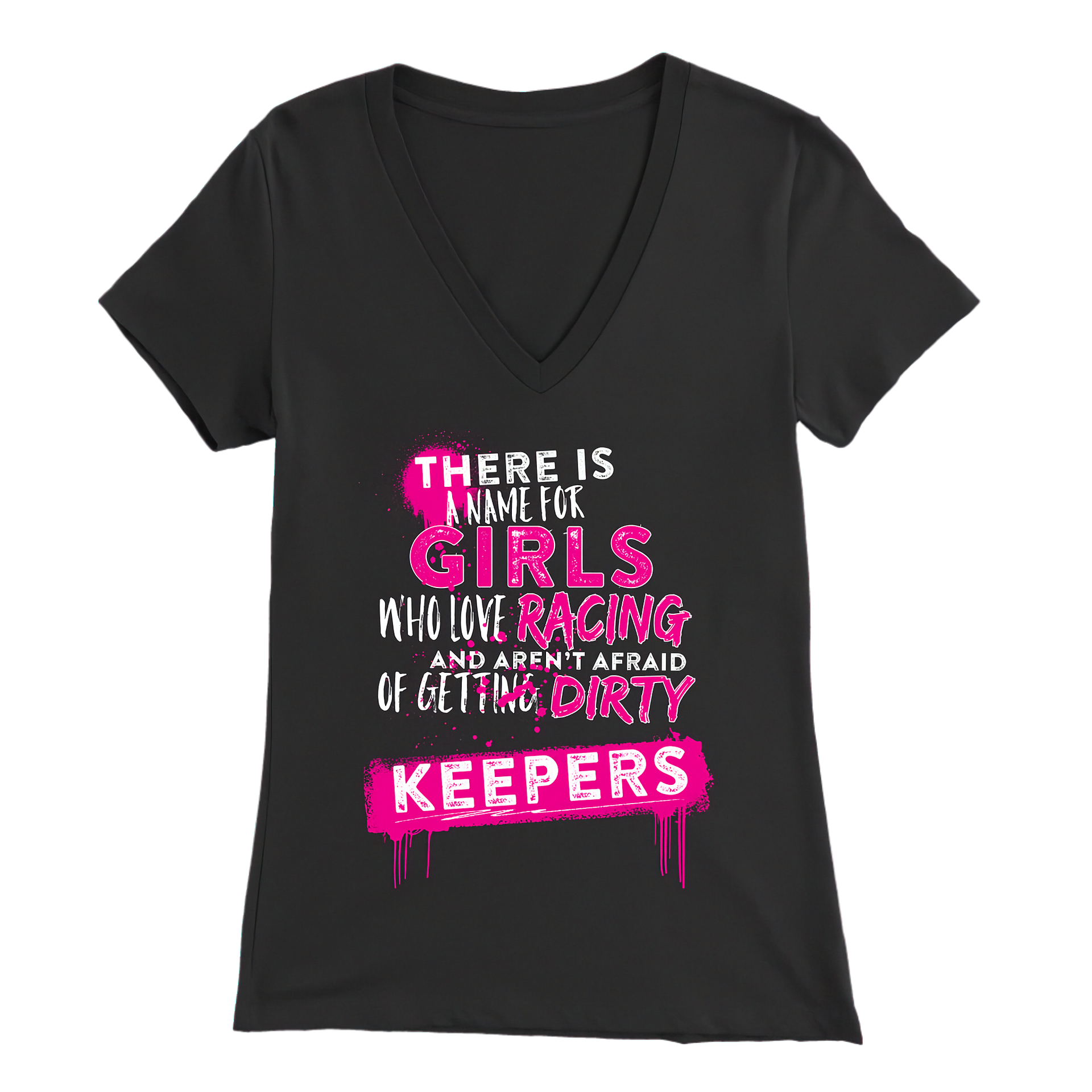 Black V-neck t-shirt with pink and white text on a white background
