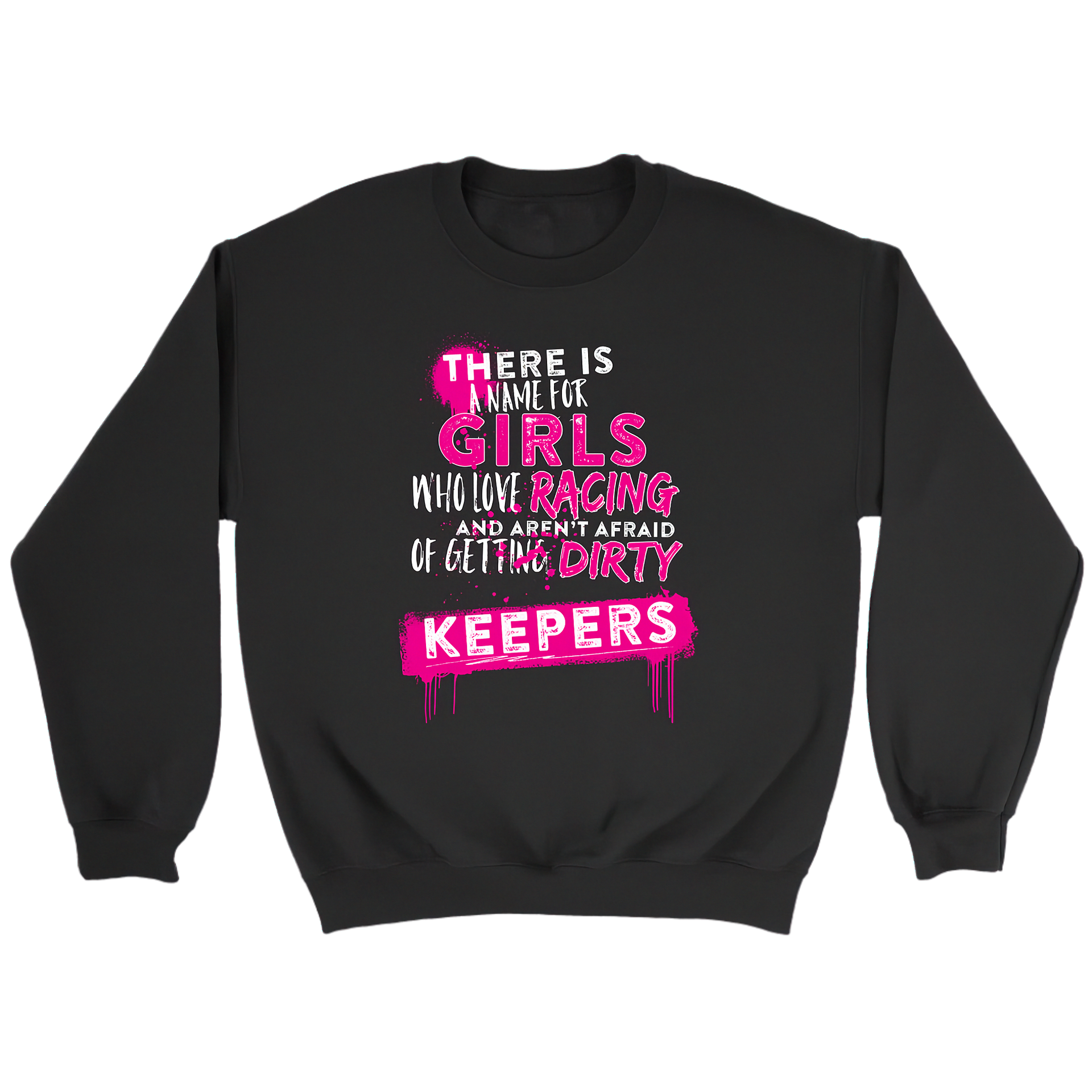 Black sweatshirt with pink and white text on a white background