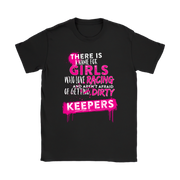 Black t-shirt with pink and white text on a white background