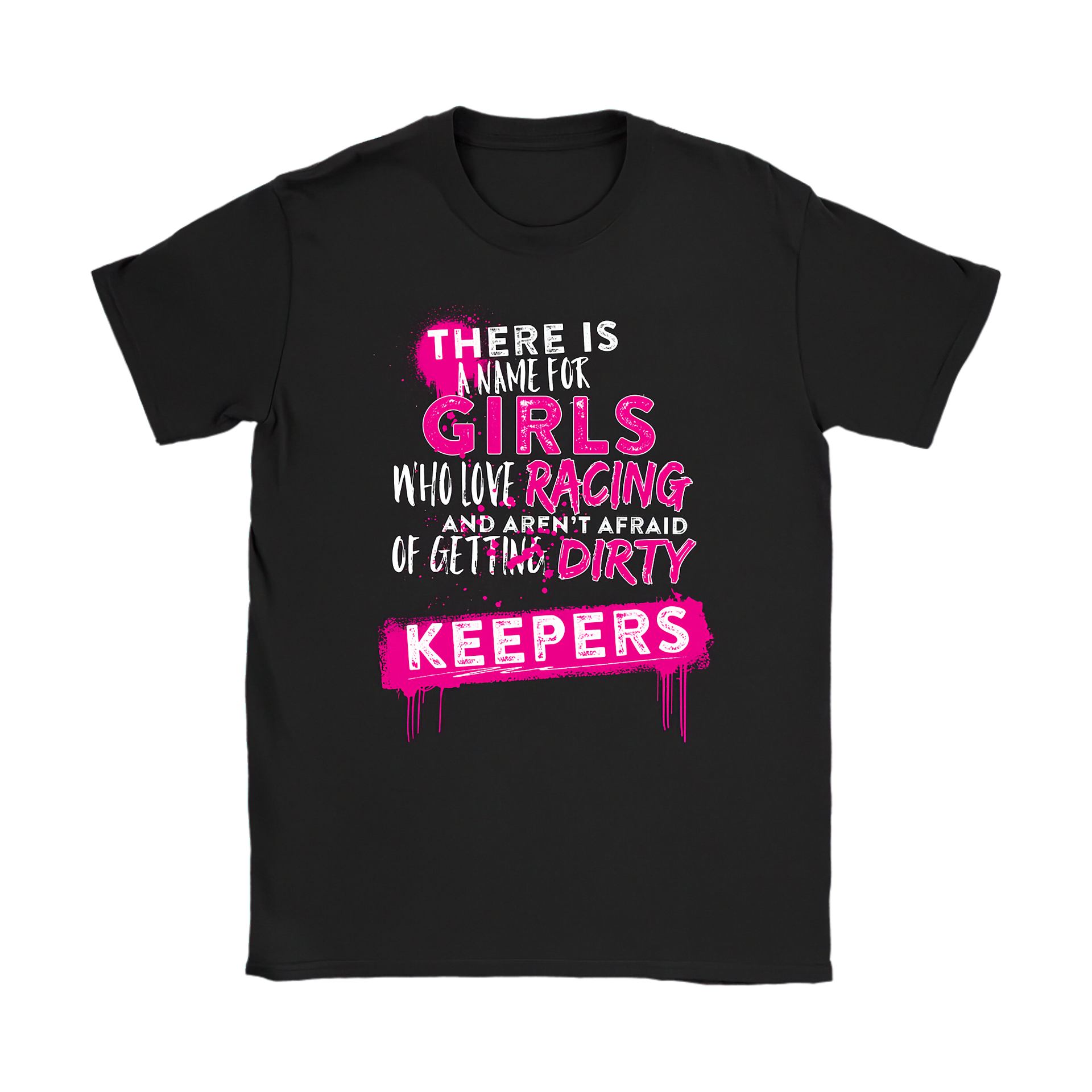 Black t-shirt with pink and white text on a white background