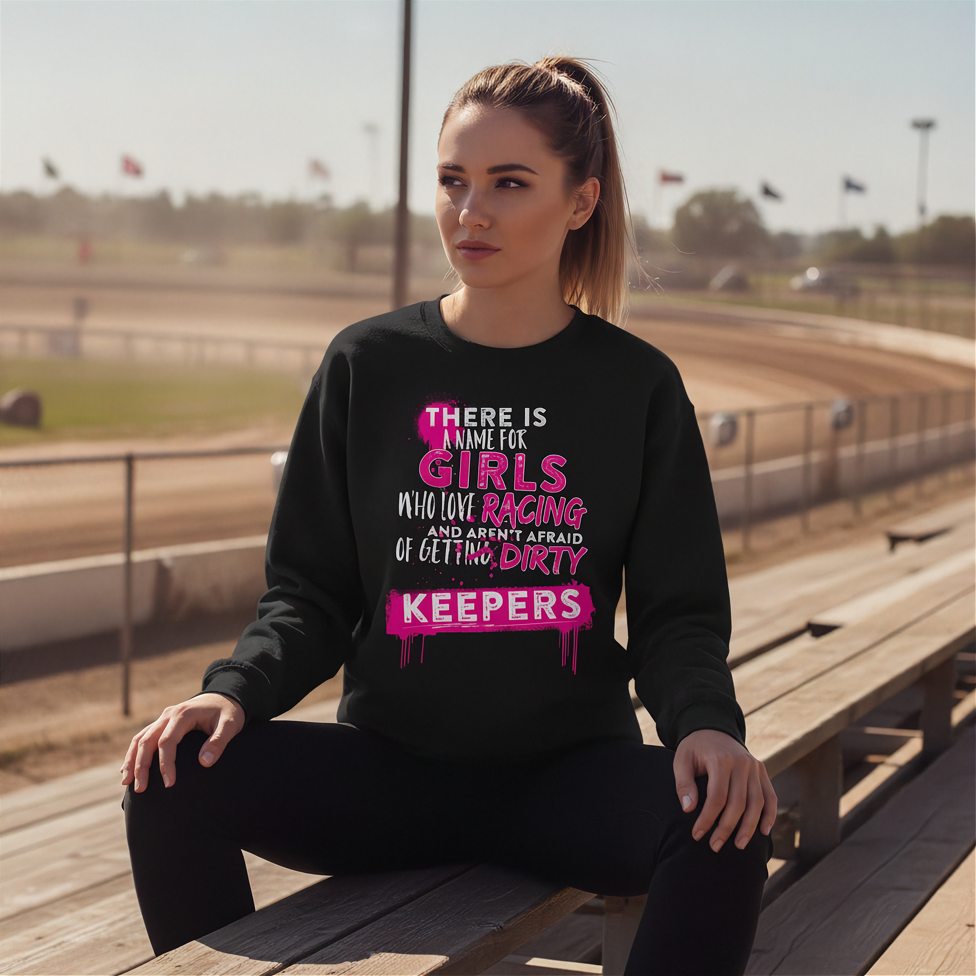 Woman wearing a black sweatshirt with pink text at a race track.
