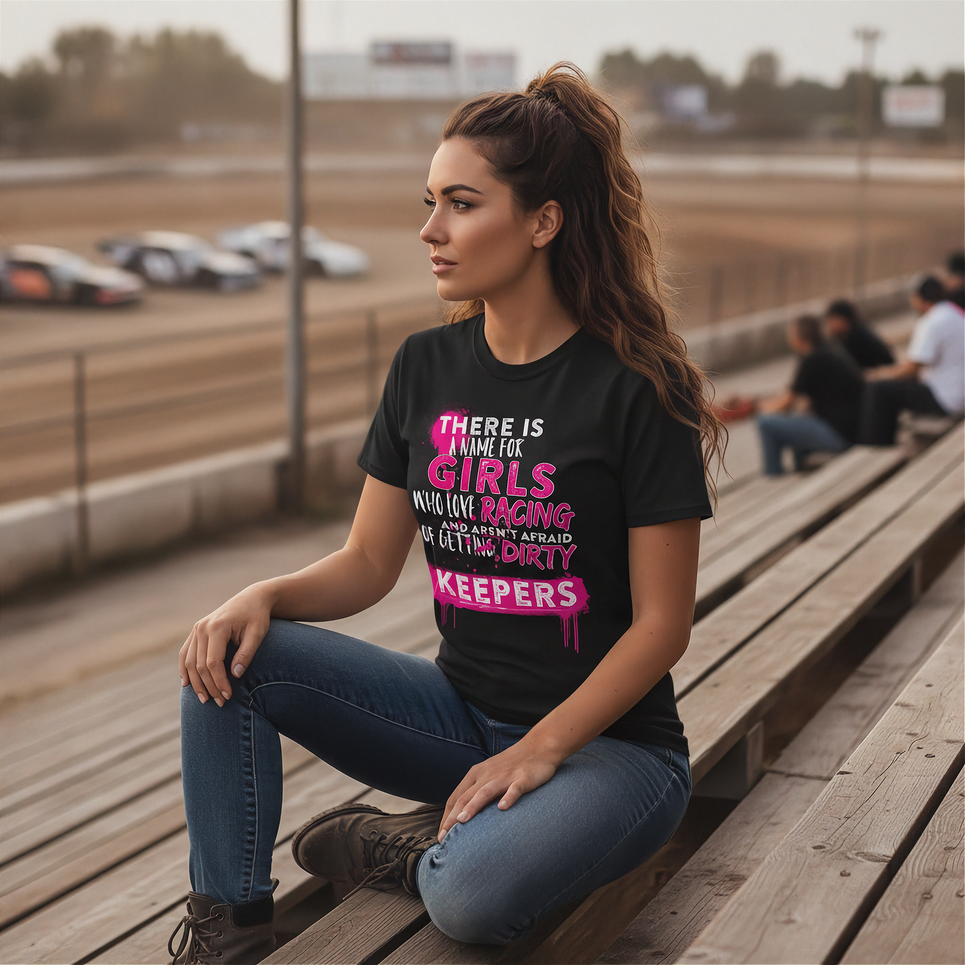 Woman sitting on a wooden bench at a race track wearing a black t-shirt with pink text.