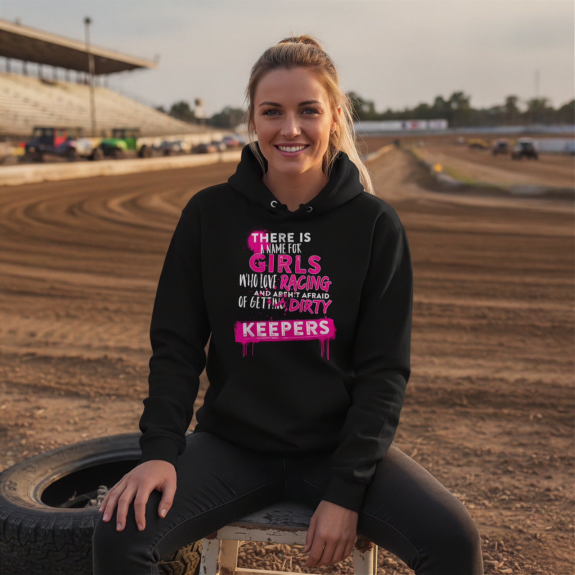 Woman wearing a black hoodie with text on a dirt track